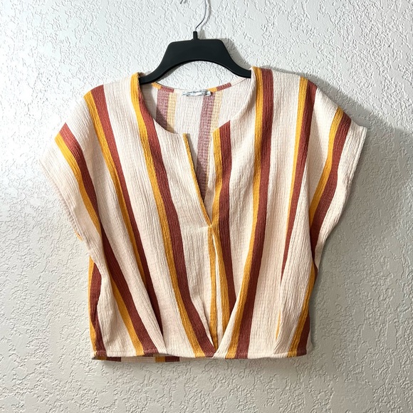 Zara Trafaluc Stripe Boho Crop Tops Blouse Casual Yellow Mustard Beige Burnt Red - Picture 1 of 4